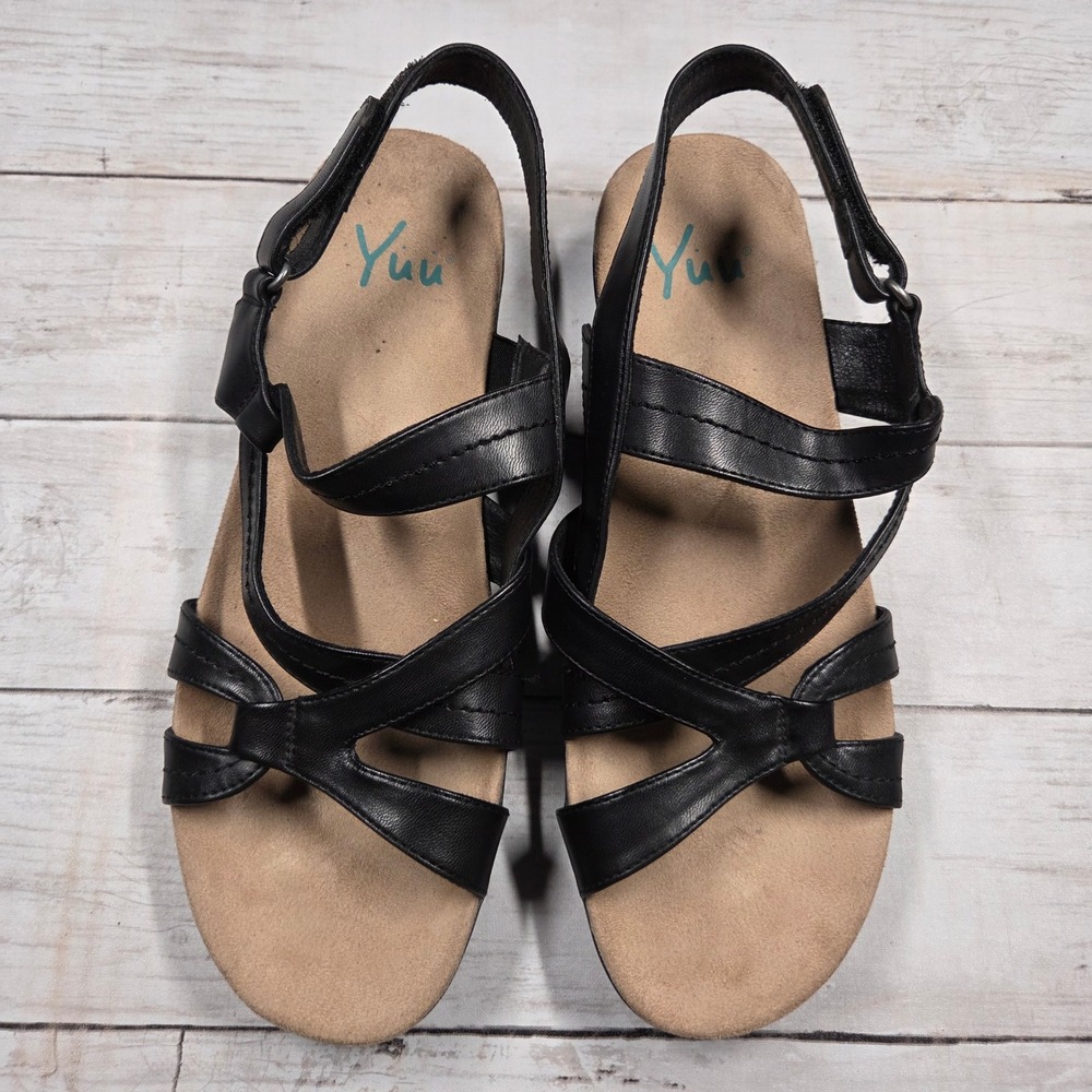Yuu Sandals Women 9M Black Jeanie Strappy Comfort Wedge Adjustable Open‎ Toe